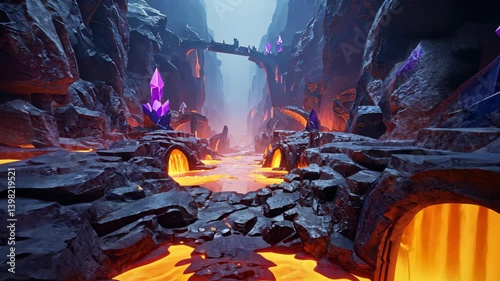 Dramatic rocky canyon with lava river, arches and a distant bridge, fantasy scene with purple crystals, glowing landscape
