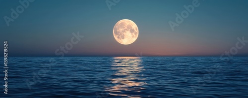 A serene night scene featuring a full moon reflecting on calm ocean waters under a gradient sky.