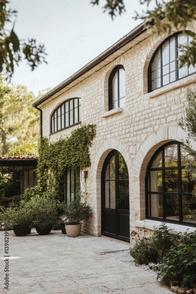 Elegant stone villa surrounded by lush greenery in a tranquil setting featuring large arched windows and a charming patio perfect for relaxation Elegant stone villa surrounded by lush greenery in a tranquil setting featuring large arched windows and a charming patio perfect for relaxation