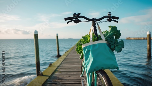 A bicycle parked on a wooden pier by the calm sea, adorned with a bag of fresh greens, under a clear blue sky.