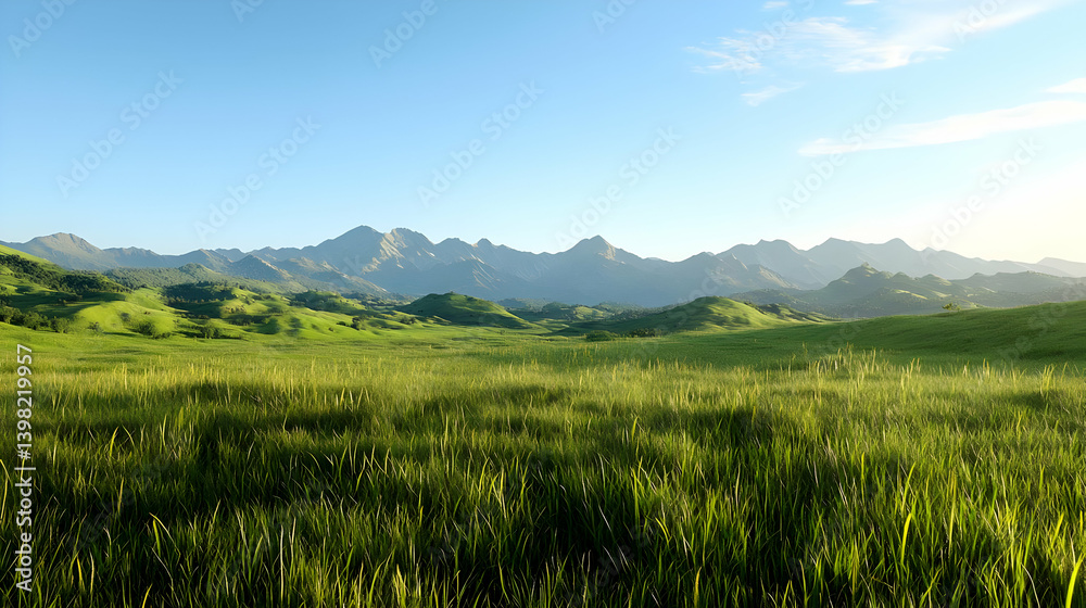 Obraz premium Green Meadow With Distant Mountain Range