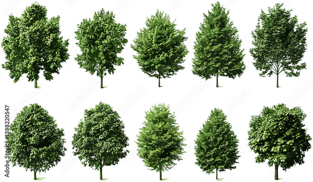 Fototapeta premium Jungle trees collection, vector tree set for landscaping, greenery jungle trees shapes, outdoor tree design for landscaping, tropical jungle tree set, garden design elements