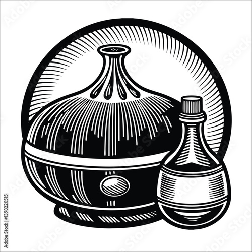 Cedarwood Essential Oil Diffuser in a wood or glass bottle containing liquid, placed next to various bottles of oil, vinegar, and medicine in a chemistry setting