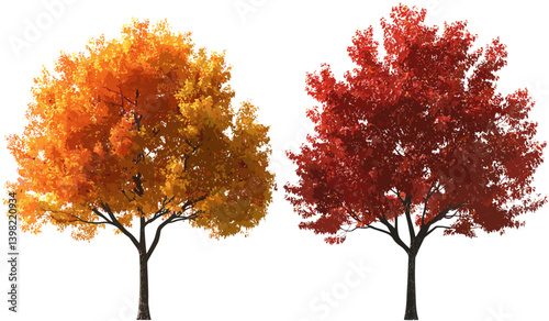 Isolate autumn trees with red orange leaves, fall nature background, environmental seasonal landscape, colorful forest, autumn foliage, red leaves, outdoor scene, vibrant autum