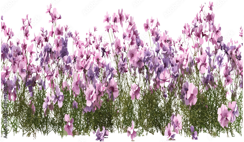 Naklejka premium Vector isolated blossoms flowery landscaped row, spring flowers background, vibrant floral design, nature scene, blooming petals, flower garden, botanical layout, fresh blossom row.