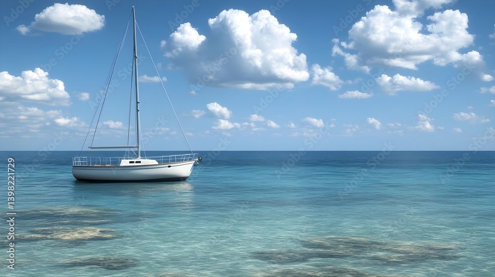 Serene White Yacht on Calm Teal Sea Under Bright Blue Sky Serene White Yacht on Calm Teal Sea Under Bright Blue Sky