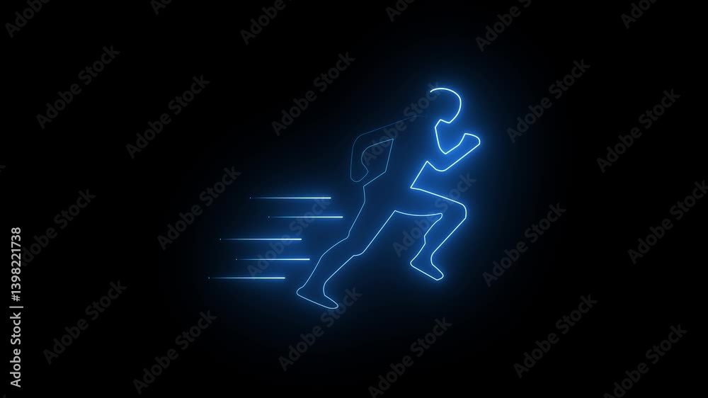 Glowing running man symbol animation on black background. Racing people silhouette sign concept. Glowing running man symbol animation on black background. Racing people silhouette sign concept.