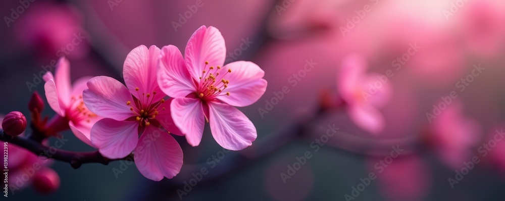 Vibrant pink spring blossom on blurred dark bokeh backdrop, background, close up, floral Vibrant pink spring blossom on blurred dark bokeh backdrop, background, close up, floral