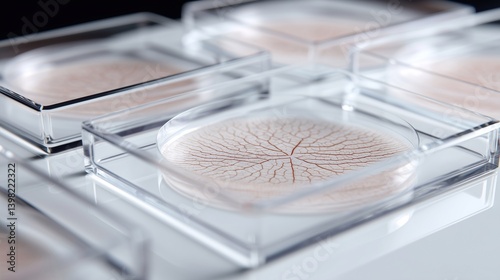 Artificial skin cultivated in lab dishes for medical research, wound treatment, and tissue engineering, representing future biotechnology in regenerative healthcare. photo