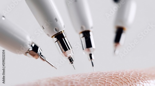 Robotic injectors applying synthetic artificial skin for tissue regeneration and advanced wound treatment in futuristic biomedical procedure. Close-up, high-tech detail. photo