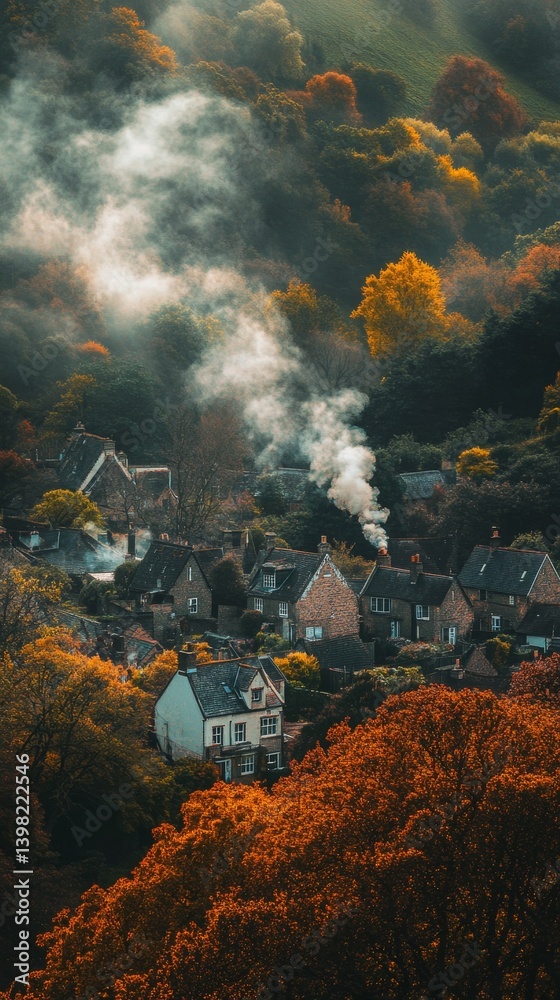 A serene village wrapped in autumn hues. Soft smoke rises from the cottages. Nature and architecture blend in harmony. Explore the beauty of this tranquil setting. Generative AI