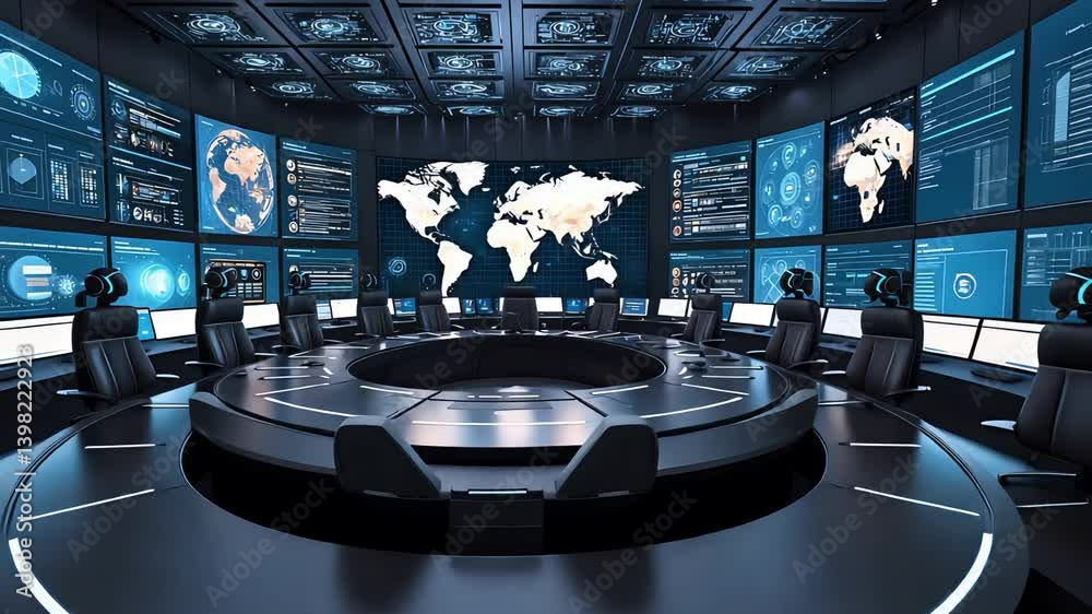 Futuristic Command Center with Digital World Map, Circular Conference ...
