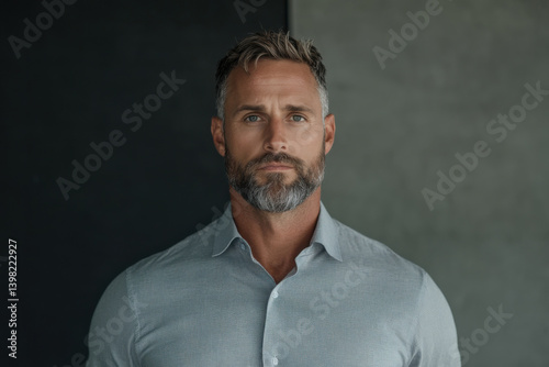 Obraz na płótnie A man with a beard and gray hair is wearing a blue shirt w salonie
