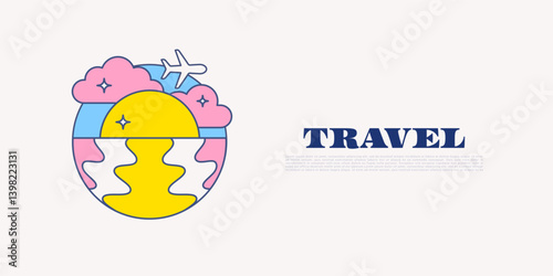 Fotografie Travel banner with sunset over the sea, pink clouds and a plane flying in the sky