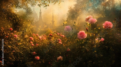 A vibrant field of pink roses basking in the soft