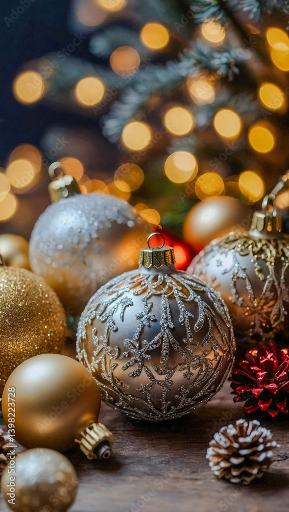 Festive Christmas decor with sparkling ornaments and warm lights. Festive Christmas decor with sparkling ornaments and warm lights.