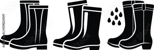 Rain boots waterproof footwear various styles, black color silhouette rain boot