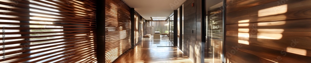 Fototapeta premium Modern corridor with glass panels and shadows
