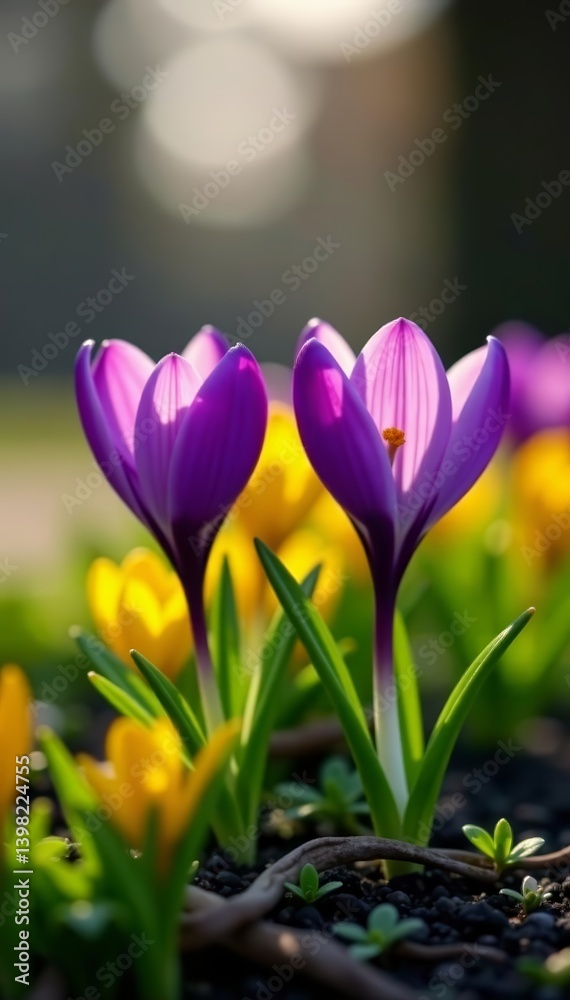 Vibrant purple and yellow crocuses blossoming in a peaceful garden, petals, blooming, spring Vibrant purple and yellow crocuses blossoming in a peaceful garden, petals, blooming, spring