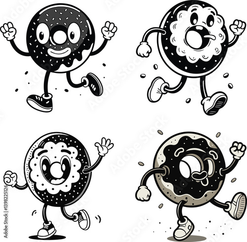 Four running donut characters in retro style