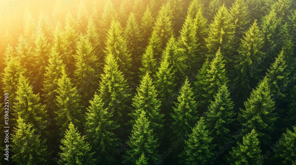 Aerial view of lush green coniferous forest bathed in golden sunlight. Aerial view of lush green coniferous forest bathed in golden sunlight.