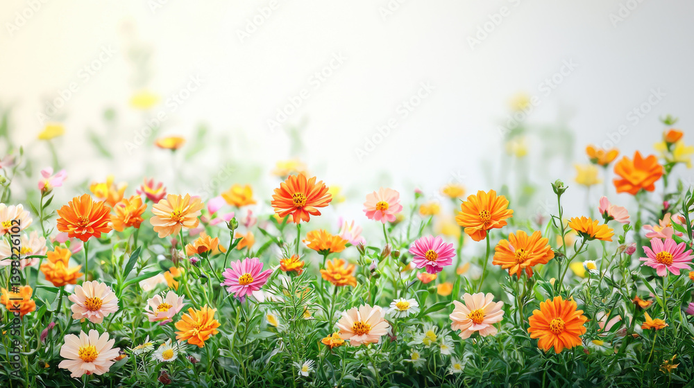 Obraz premium A vibrant field of colorful wildflowers blossoms brightly in a beautiful summer meadow showcasing a variety of orange pink and peach hues creating a cheerful and idyllic scene.