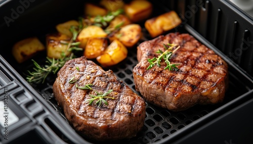 Delicious Grilled Steaks From Air Fryer Oven: Easy, Crispy, And Low-Fat Option With Hot Air Circulation In Wooden Basket.