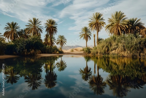 Photo of an oasis with palm trees and sand dunes in the Sahara