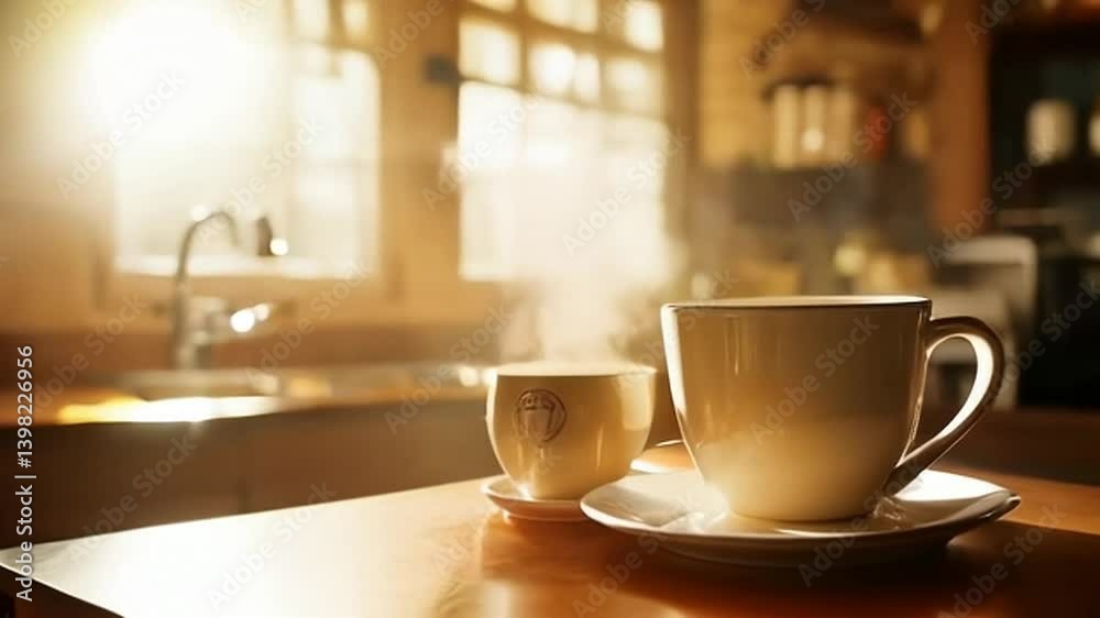 Enjoying Hot Steaming Cup of Coffee in Sunny Kitchen Enjoying Hot Steaming Cup of Coffee in Sunny Kitchen