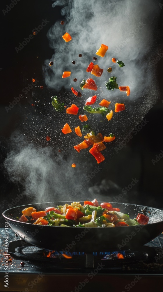 Colorful vegetables dance in the air above a sizzling pan. A culinary masterpiece in motion. Perfect for food enthusiasts and chefs capturing the art of cooking. Generative AI