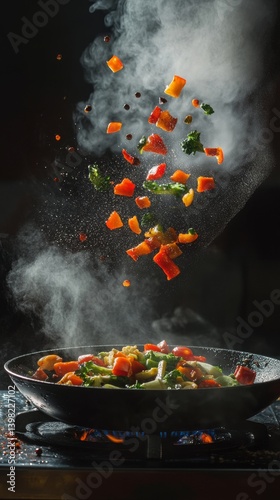 Obraz na płótnie Colorful vegetables dance in the air above a sizzling pan. A culinary masterpiece in motion. Perfect for food enthusiasts and chefs capturing the art of cooking. Generative AI w salonie