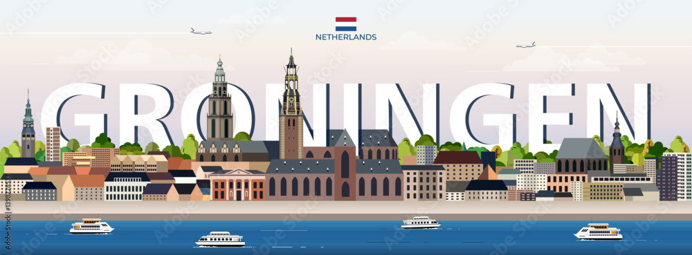 Groningen cityscape colorful vector illustration with big city name on the background. Travel trendy poster