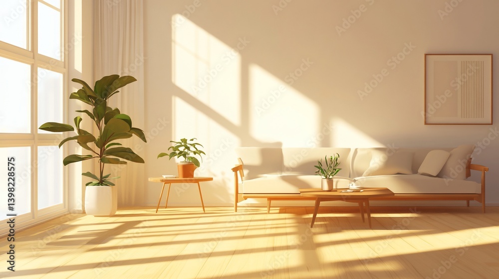 Fototapeta premium Sunlit minimalist living room with sofa, plants, and wooden floors.