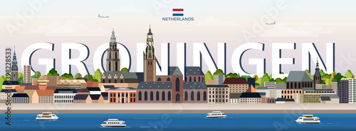 Obraz na płótnie Groningen cityscape colorful vector illustration with big city name on the background. Travel trendy poster w salonie