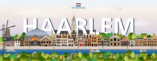 Haarlem cityscape colorful vector illustration with big city name on the background. Travel trendy poster
