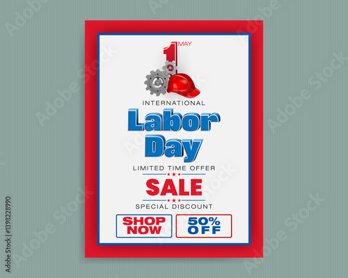 Holidays, design background with 3D texts, safety helmet and gear mechanism for International Workers' day, sales and commercial events; Vector illustration.



