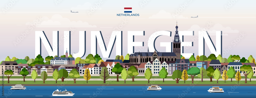 Nijmegen cityscape colorful vector illustration with big city name on the background. Travel trendy poster