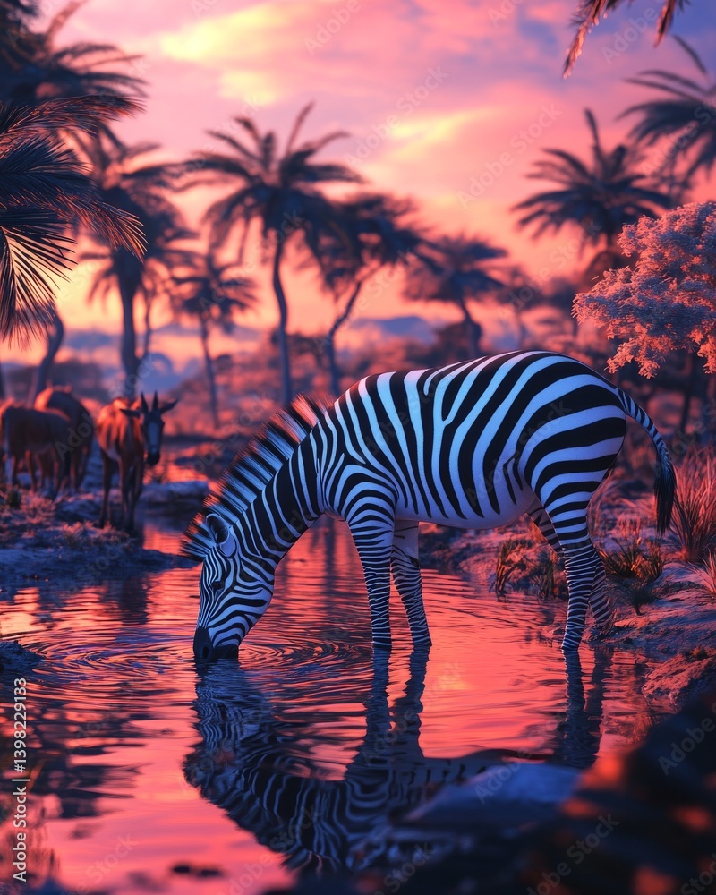 A serene zebra gracefully drinks from a reflective water source amidst vibrant palm trees. The scene captures the beauty of nature and wildlife in harmony. Generative AI