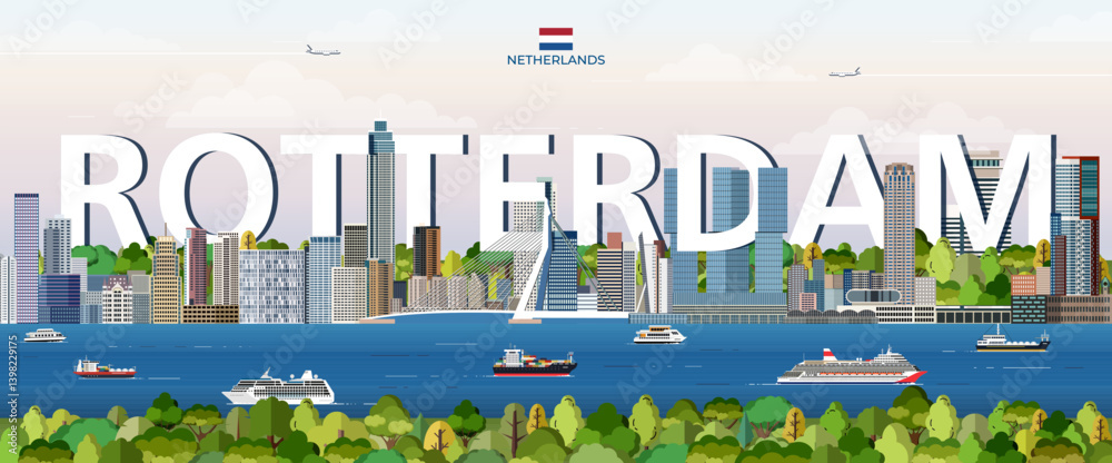 Rotterdam cityscape colorful vector illustration with big city name on the background. Travel trendy poster