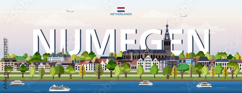 Obraz na płótnie Nijmegen cityscape colorful vector illustration with big city name on the background. Travel trendy poster w salonie