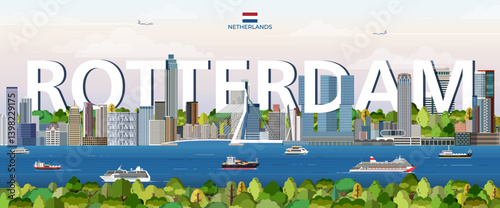 Obraz na płótnie Rotterdam cityscape colorful vector illustration with big city name on the background. Travel trendy poster w salonie