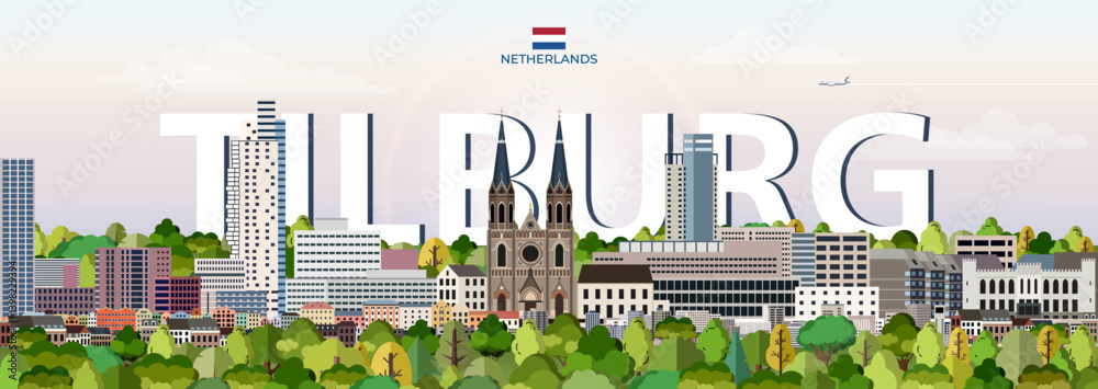 Tilburg cityscape colorful vector illustration with big city name on the background. Travel trendy poster