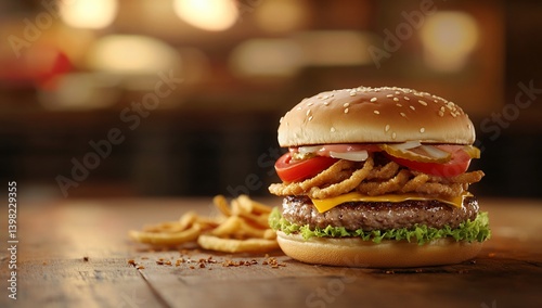Wallpaper Mural Juicy beef burger with cheese, bacon, onion rings, tomato, lettuce and fries on wooden table. Torontodigital.ca