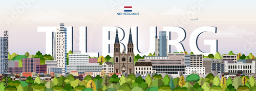 Obraz na płótnie Tilburg cityscape colorful vector illustration with big city name on the background. Travel trendy poster w salonie
