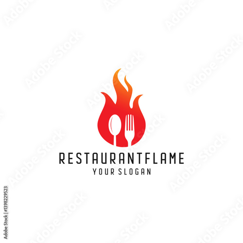 Restaurant Flame Logo Design: Red Orange Fire Icon with Fork and Spoon