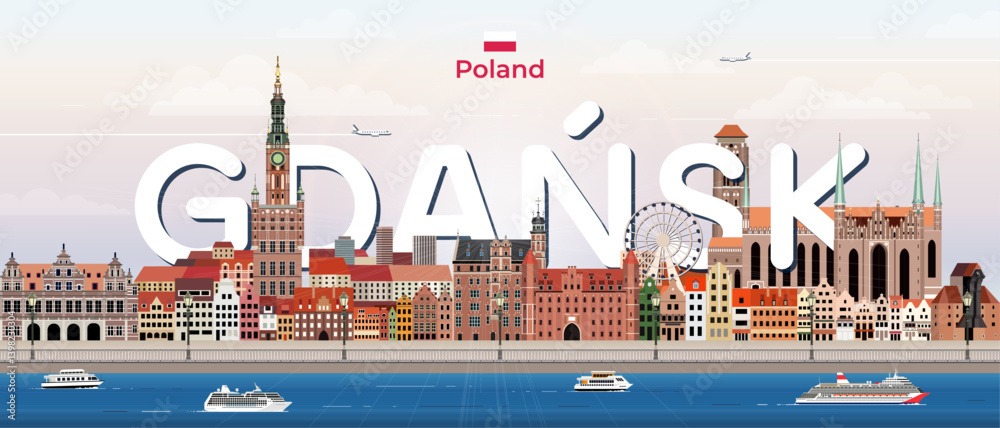 Gdansk cityscape colorful vector illustration with big city name on the background. Travel trendy poster