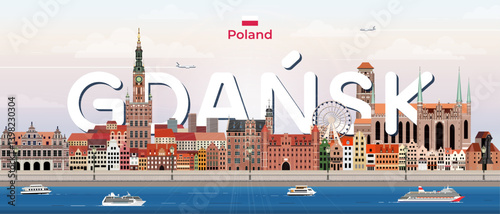 Obraz na płótnie Gdansk cityscape colorful vector illustration with big city name on the background. Travel trendy poster w salonie