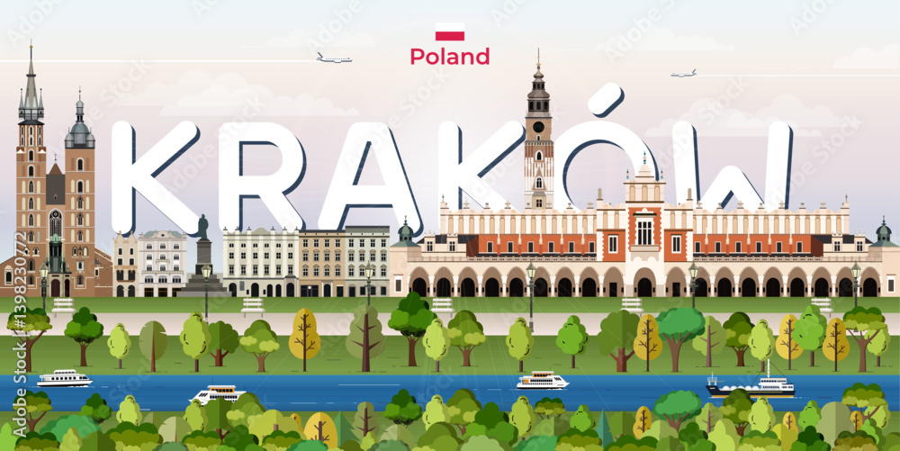 Krakow cityscape colorful vector illustration with big city name on the background. Travel trendy poster