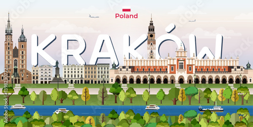 Obraz na płótnie Krakow cityscape colorful vector illustration with big city name on the background. Travel trendy poster w salonie