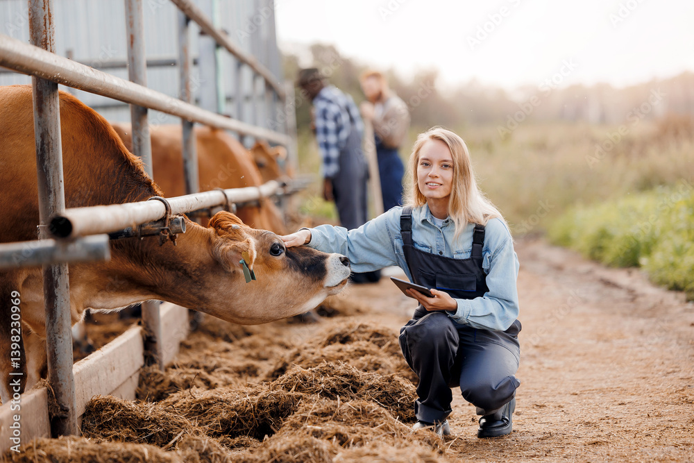 Young Female Farmer Caring for Cows on a Modern Farm - Agriculture, Animal Husbandry, Farming Life
